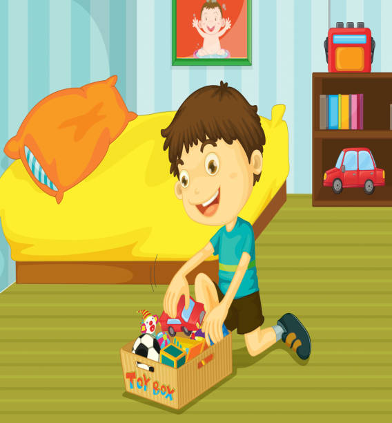 Illustration of young boy putting his toys on toy box helping at home concept kids cleaning up toys stock illustrations