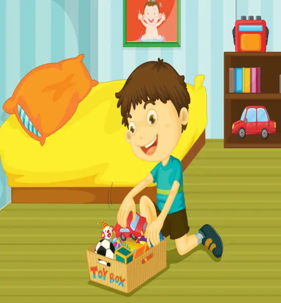 Vector illustration of Illustration of young boy putting his toys on toy box