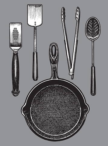 Frying Pan and Cooking Tools - Spatula, Tongs, Spoon