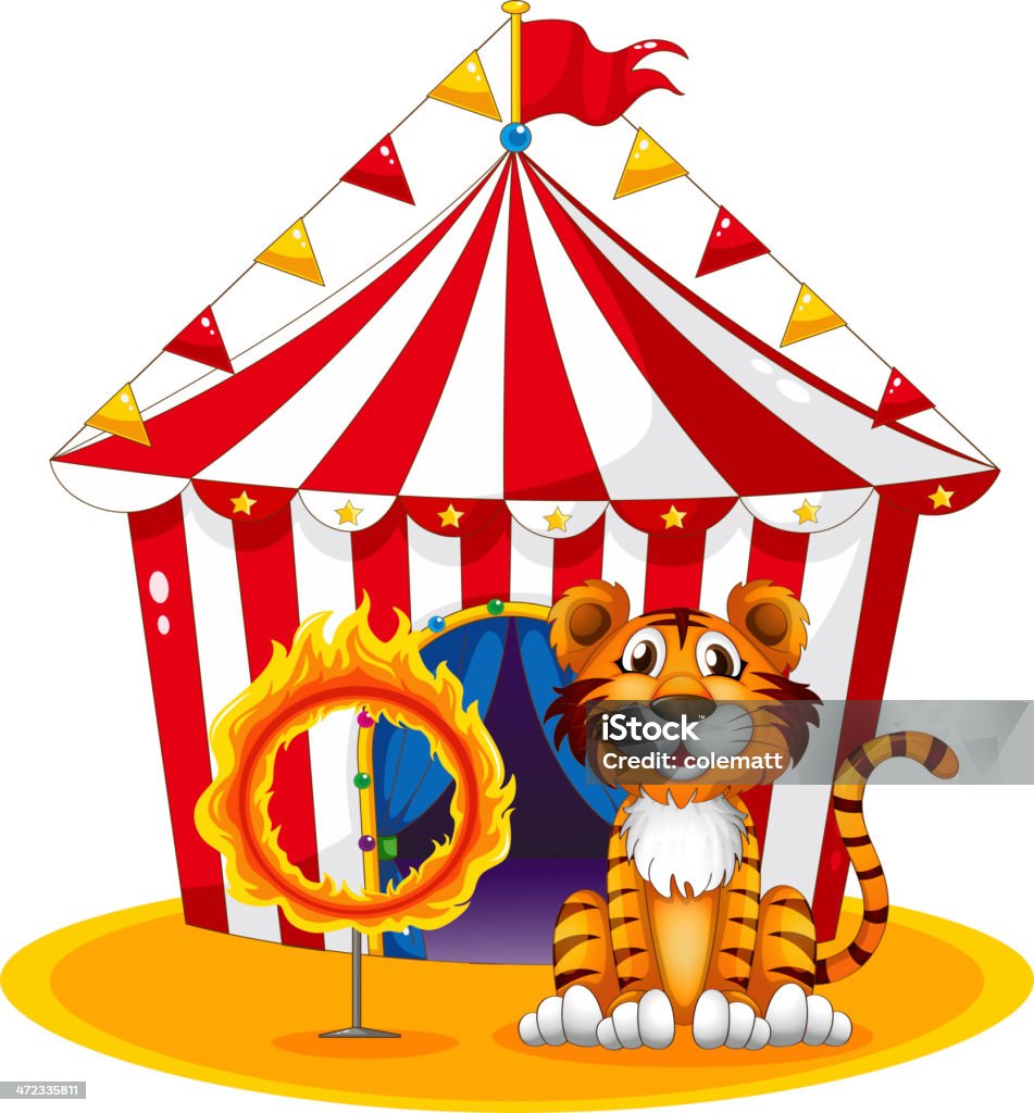 Circus tent, tiger and ring of fire Circus tent at the back of the tiger and the ring of fire on a white background Animal stock vector