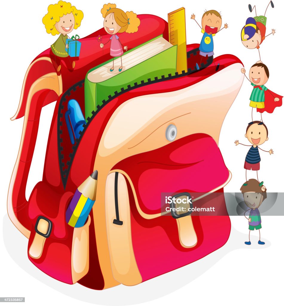 School concept Tiny students and a schoolbag Activity stock vector
