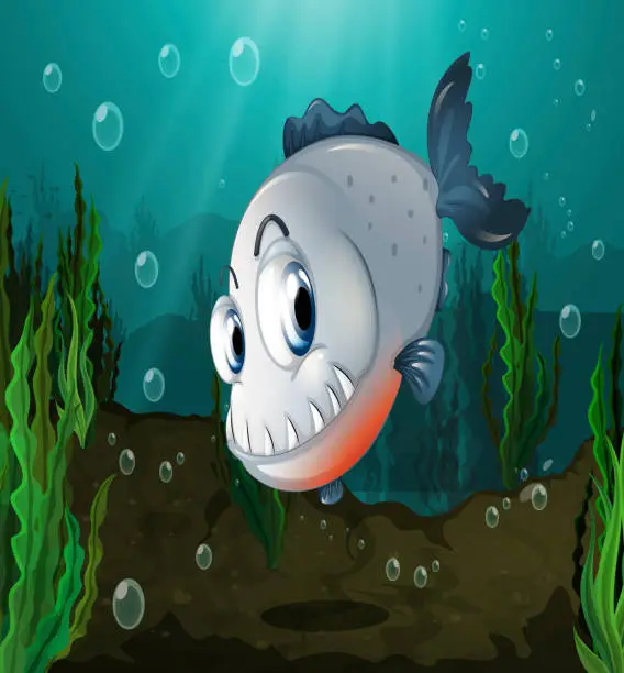 Vector illustration of fish with big fangs under the sea