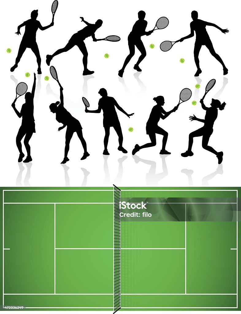 Tennis Silhouettes and Court Detailed tennis silhouettes and tennis court. EPS 10 file. Transparency effects used on highlight elements. Tennis stock vector