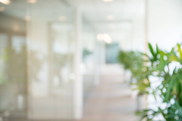 Out of focus Office Open Corridor Background A blurry photograph of an office setting.  The open corridor is flooded with natural light from the glass wall on the left. vanishing point photos stock pictures, royalty-free photos & images