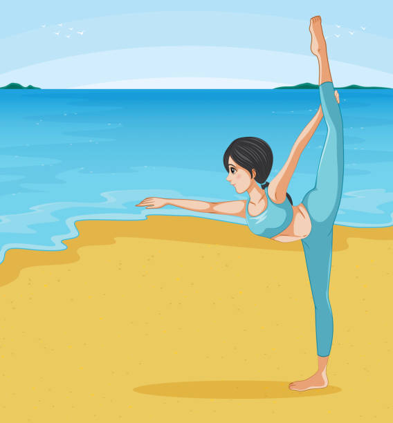 ilustrações de stock, clip art, desenhos animados e ícones de menina esticar na praia - stretch beach