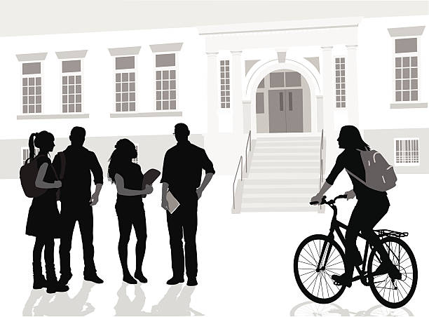 ilustraciones, imágenes clip art, dibujos animados e iconos de stock de ciclismo a la escuela - silhouette student teenager university