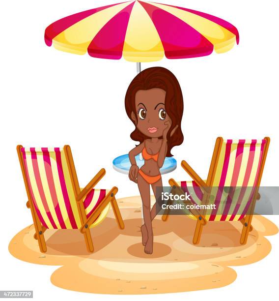 Tan Dame À La Plage Près Dun Parasol Et Des Chaises Vecteurs libres de droits et plus d'images vectorielles de Adolescent