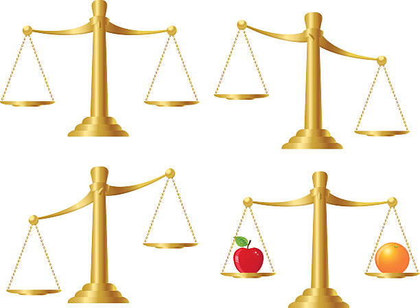 ilustraciones, imágenes clip art, dibujos animados e iconos de stock de comparación de las escalas - weight scale apple comparison balance