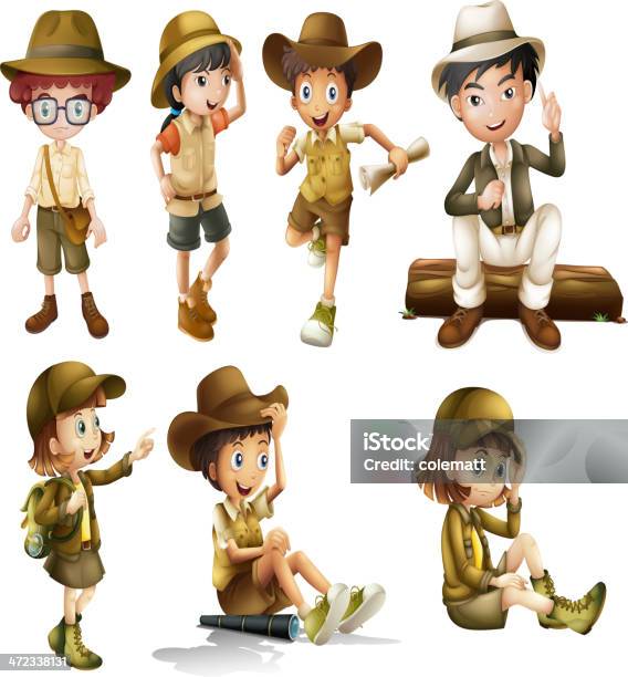 Boys And Girls In Safari Costume Stock Illustration - Download Image Now - Child, Adventure, Cap - Hat