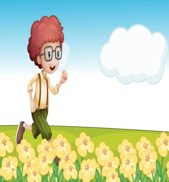 boy ランニングで、花のフィールド - computer graphic multi colored single flower cloud点のイラスト素材／クリップアート素材／マンガ素材／アイコン素材