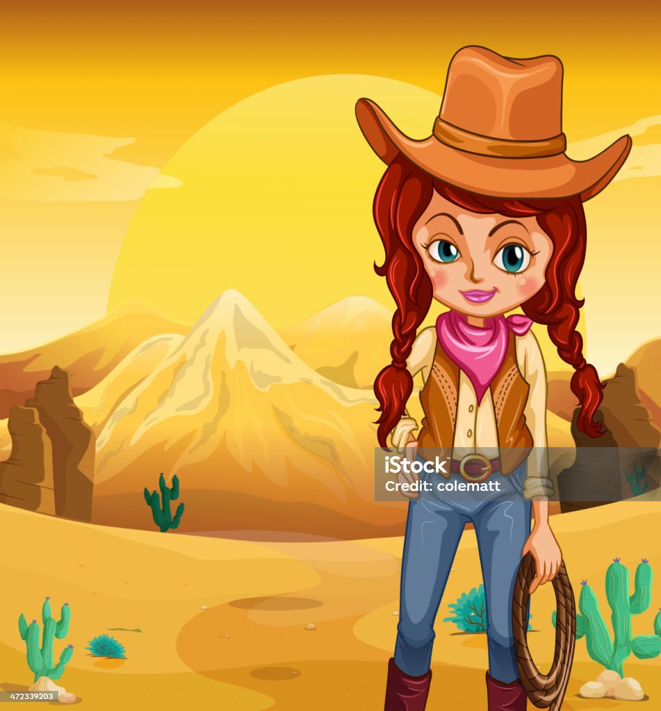 Cowgirl segurando uma corda em pé no deserto - Vetor de Vaqueira royalty-free