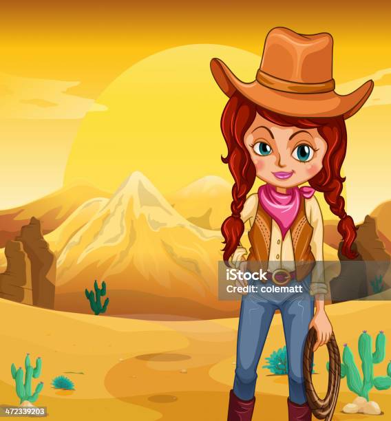 Vetores de Cowgirl Segurando Uma Corda Em Pé No Deserto e mais imagens de Vaqueira - Vaqueira, Computação Gráfica, Adolescente