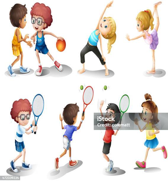 Kids Физические Упражнения И Играть В Различные Спортивные — стоковая векторная графика и другие изображения на тему Активный образ жизни