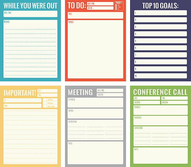 Office Note Card Templates 6 note card templates including: Notes / Meetings / Phone Calls / Goals  To Do List stock illustrations