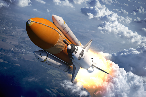 Space Shuttle Flying Over The Clouds. 3D Scene. 