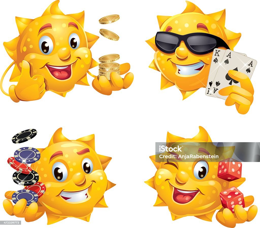 Casino Poker Cartoon Character wearing Sunglasses holding cards and dices Set of smiling Vector Cartoon Suns. 1. giving a thumbs up holding golden coins in her hand. 2. wearing cool black Poker shades and holding the Ace and King of spades. 3. Makes a toothy grin and holding Casino chips, 4. Blinking, holding red dices.  Sun stock vector