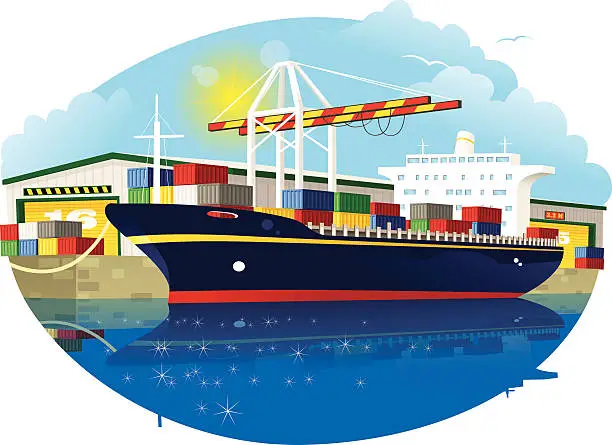 Vector illustration of Container ship, dock crane and port warehouse