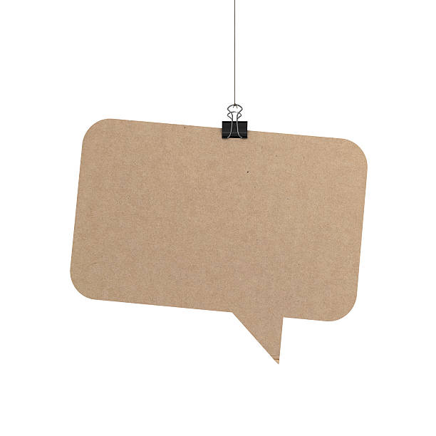 speech bubble hanging on string A  3D representation of a speech bubble hanging on a plain white background. The speech bubble is hanging from a binder paper clip that is attached to a piece of string. The bubble has a cardboard texture. The background is pure white. You can add your own message to the speech bubble binder clip stock pictures, royalty-free photos & images