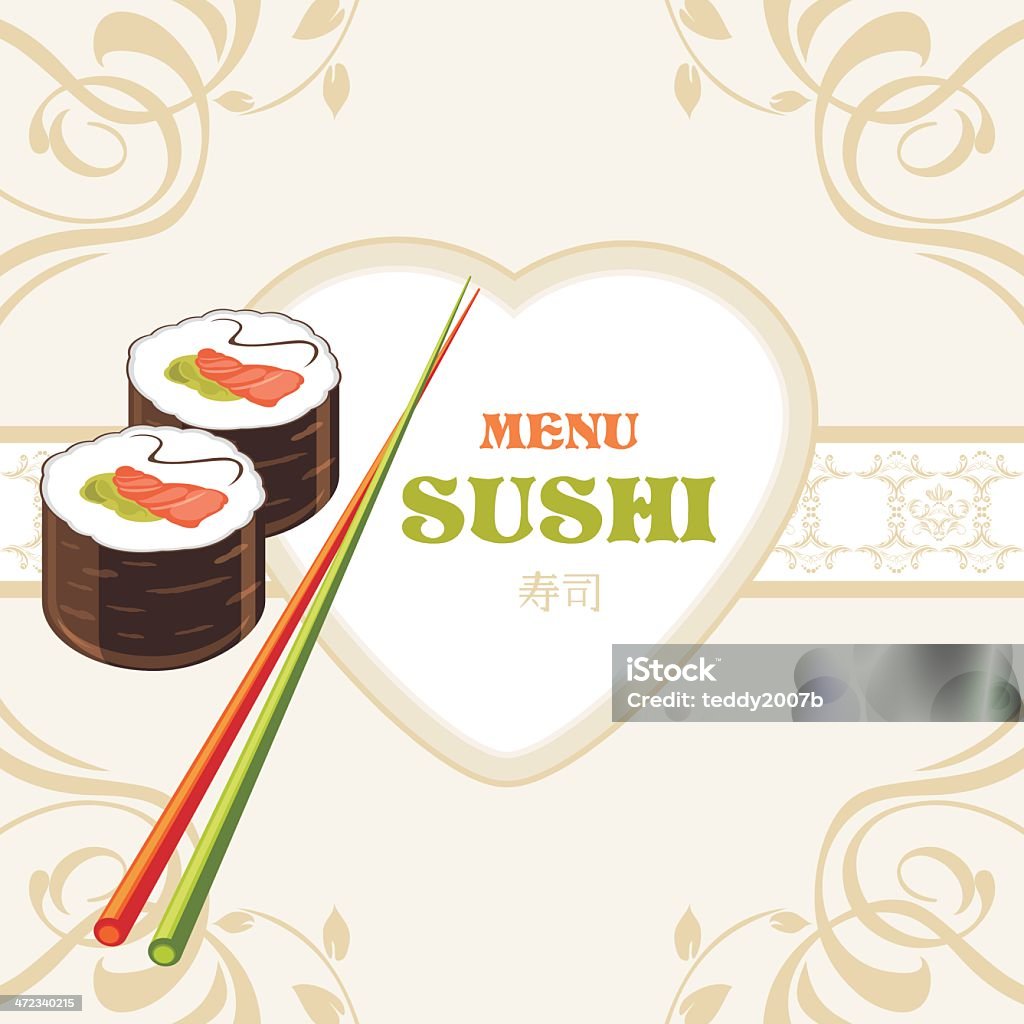 寿司ロールと箸ます。ラベルデザイン、メニュー - おやつのロイヤリティフリーベクトルアート