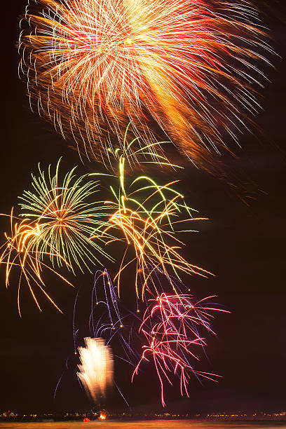 istock Beautiful bright fireworks over the ocean. 472340402