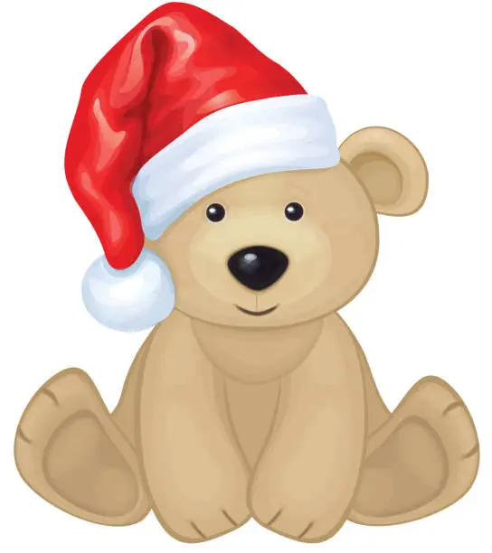 Vector illustration of Vector of cute brown bear in red Santa's hat isolated.