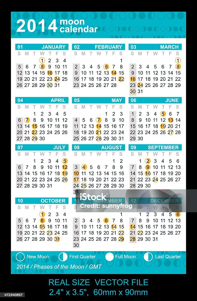 Pocket calendar 2014 with Phases of the moon/ GMT Pocket Calendar 2014, vector, start on Sunday 2014 stock vector
