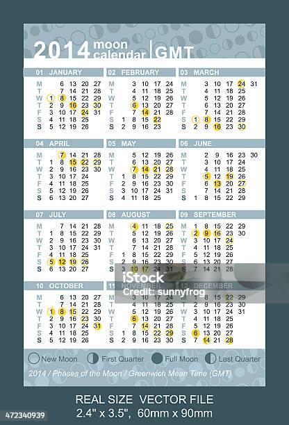 Pocket Calendar 2014 With Phases Of The Moon Gmt Stock Illustration - Download Image Now - Data, 2014, Almanac - Publication