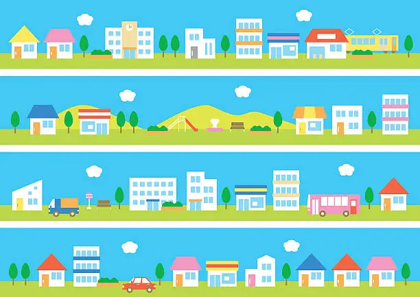 Vector illustration of stores and houses on a street