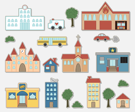 A set of stickers/ icons representing different city features. EPS10 vector illustration, global colors, easy to modify.