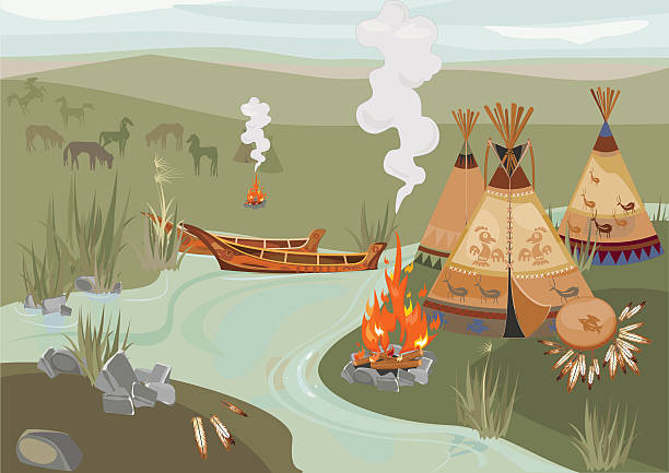 illustrazioni stock, clip art, cartoni animati e icone di tendenza di halt indians nella prateria - wigwam tent north american tribal culture indigenous culture