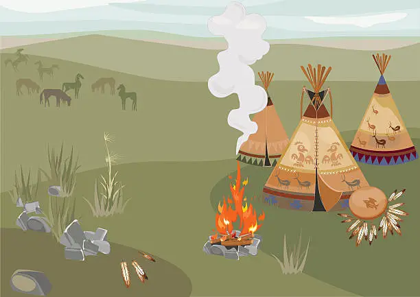 Vector illustration of Halt Indians in prairie