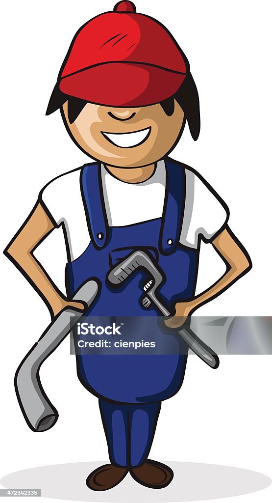 Plumber man profession Plumber man cartoon character holding tools isolated over white. Activity stock vector