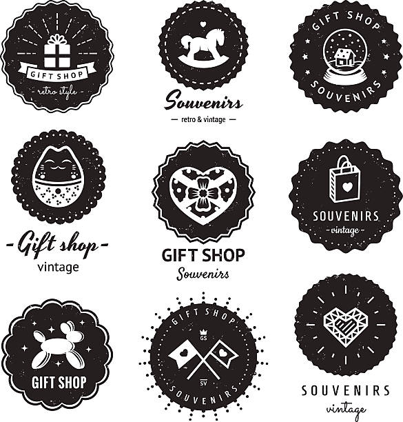 Gift shop and souvenirs logo-badges vintage vector set. Hipster design Gift shop and souvenirs logo vintage vector set. Hipster and retro style. Perfect for your business design. Badges logos. snow globe empty silhouette stock illustrations