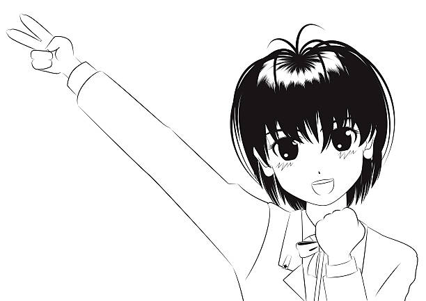Japanese Manga style[smile girl]Outline illustration Download includes:  black and white anime girl stock illustrations