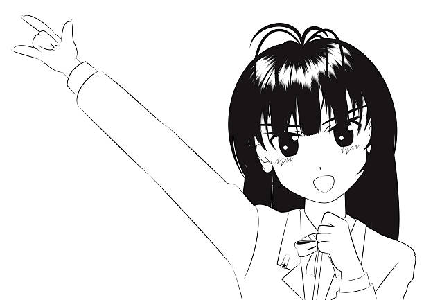 Japanese Manga style[smile girl]Outline illustration Download includes:  black and white anime girl stock illustrations