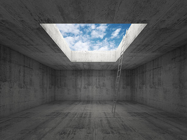 Ladder goes to the sky out from concrete interior, 3d