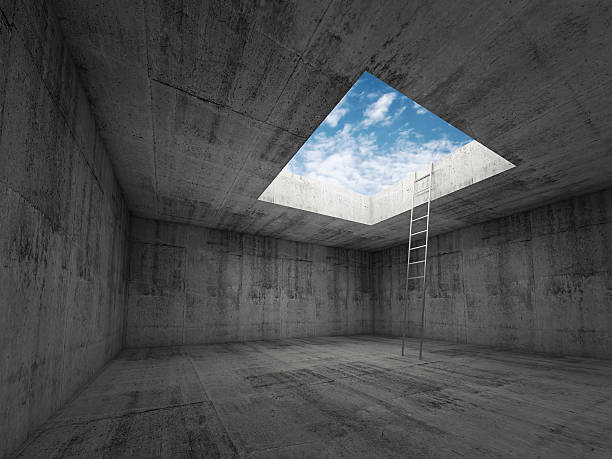 istock Ladder goes to sky out from dark room interior, 3d 472342776