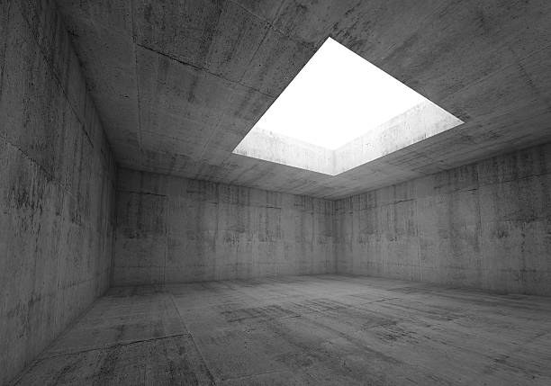 istock Concrete room interior with white opening in ceiling, 3d 472342786