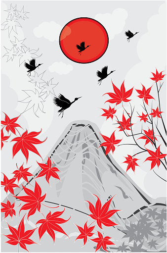 vector drawing of the seasonal background with flying cranes and maple leaves