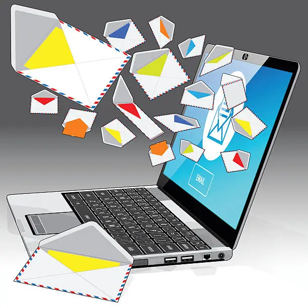 Vector illustration of Laptop receiving email - right side corner view