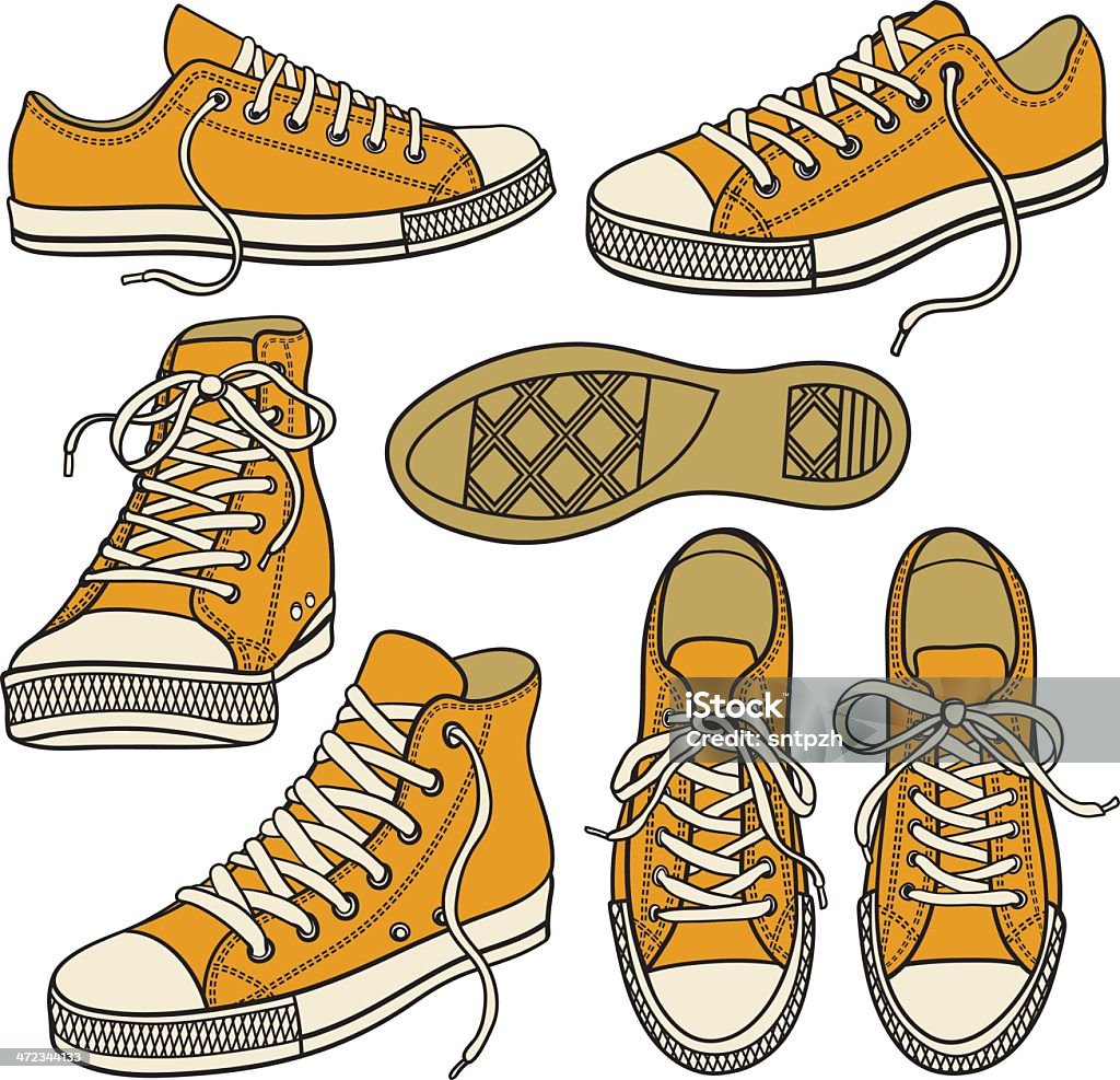 Juego con Zapatillas amarillas aisladas en blanco - arte vectorial de Zapatillas de deporte libre de derechos