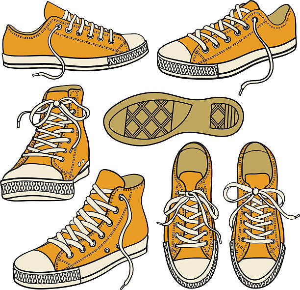 ilustraciones, imágenes clip art, dibujos animados e iconos de stock de juego con zapatillas amarillas aisladas en blanco - hide leather backgrounds isolated