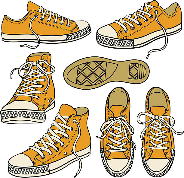 zestaw z żółtymi sneakersami na białym tle - adolescence backgrounds child youth culture stock illustrations