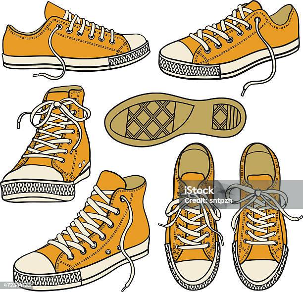 Vetores de Conjunto Com Tênis Amarelos Isolada No Branco e mais imagens de Sapato de Lona - Sapato de Lona, Tênis - Calçados Esportivos, Academia de ginástica