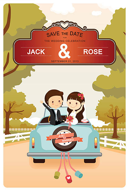 stockillustraties, clipart, cartoons en iconen met just married : cute wedding car on the road - wedding back