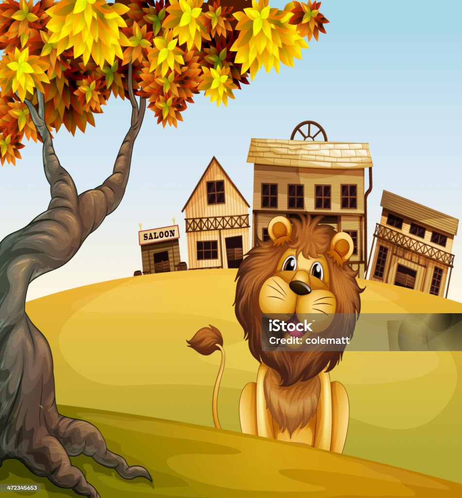 Lew w przód drewnianym domu - Grafika wektorowa royalty-free (Bez ludzi)