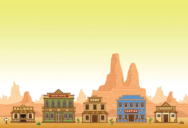 Vector illustration of Stylized drawing of a standard wild western town