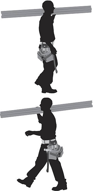 ilustrações de stock, clip art, desenhos animados e ícones de silhueta de um carpinteiro transporte de pranchas de madeira - construction worker silhouette people construction