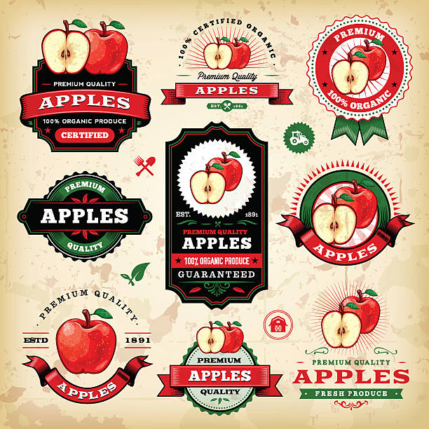 jabłko vintage etykiety - red delicious apple illustrations stock illustrations