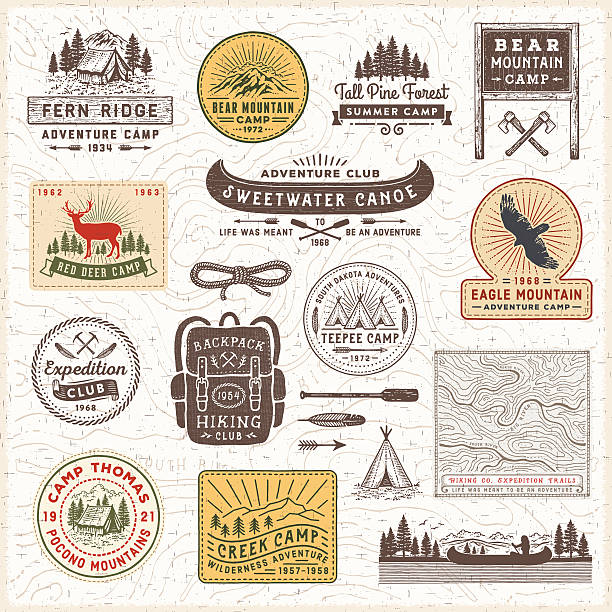 ilustraciones, imágenes clip art, dibujos animados e iconos de stock de campamento tarjetas vintage y etiquetas - insignia símbolo ilustraciones